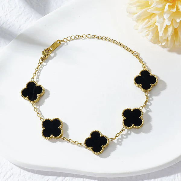 Stainless Steel Gold-Plated Black Clover Bracelet | Anti-Tarnish Elegant Jewelry for Girls & Women