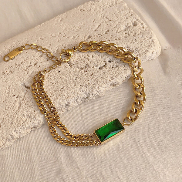 Gold-Plated Anti Tarnish Dual Chain Bracelet with Emerald Green Rectangular Stone