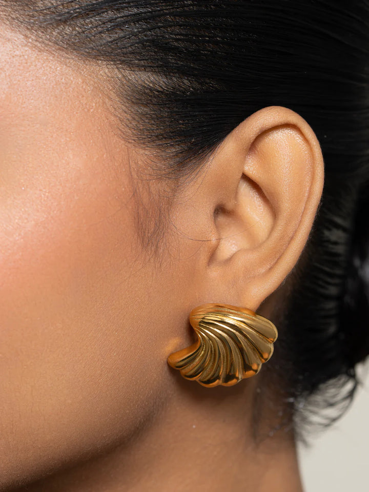 Gold Shell Stud Earrings | Textured Design, Stainless Steel, Anti-Tarnish, Waterproof & Hypoallergenic