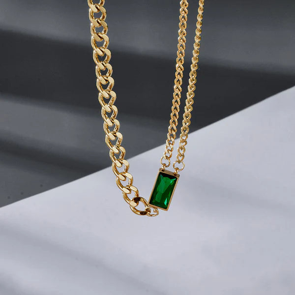 Gold-Plated Anti Tarnish Dual Chain Bracelet with Emerald Green Rectangular Stone
