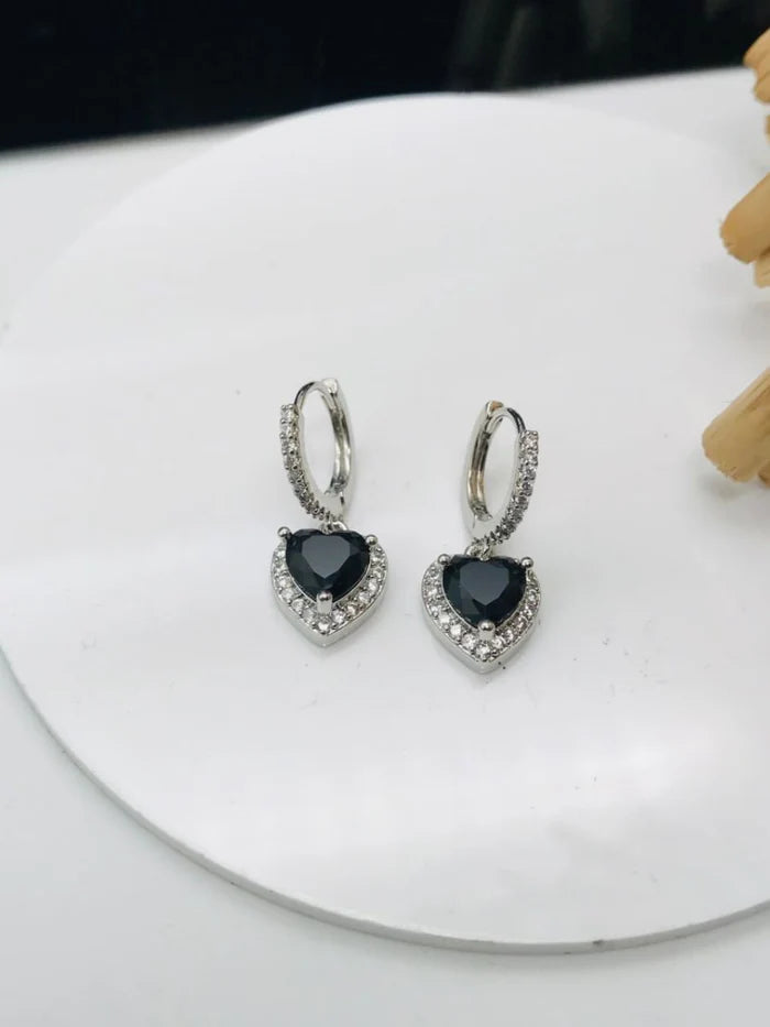 Silver Black Heart Huggie Earrings