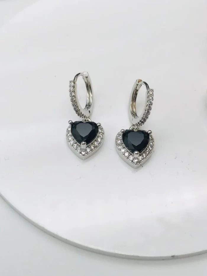 Silver Black Heart Huggie Earrings