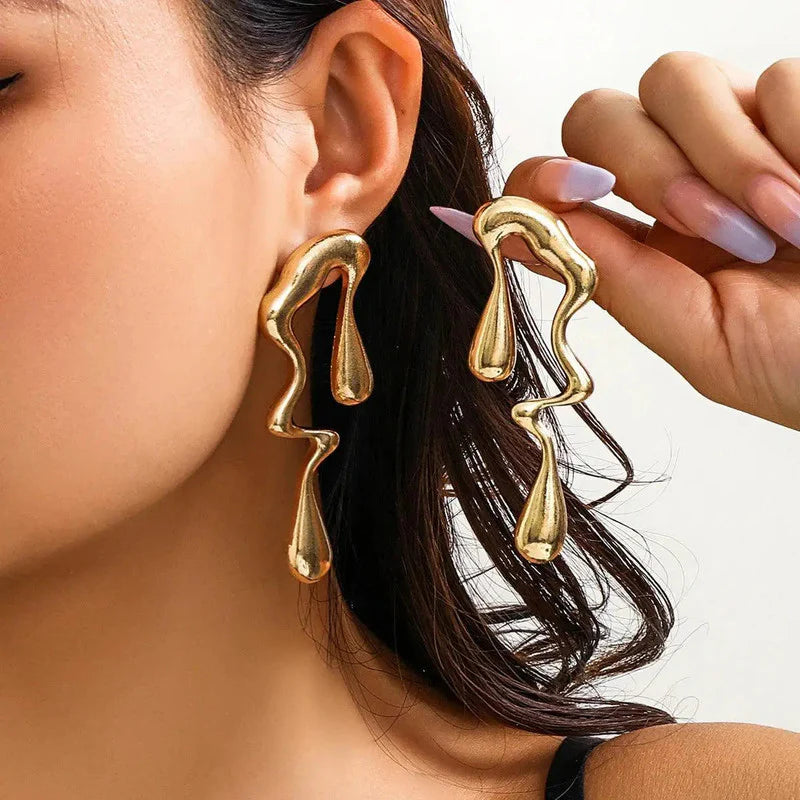 Gold Abstract Melted Drop Earrings | Artistic Statement Design, Stainless Steel, Anti-Tarnish, Waterproof & Hypoallergenic