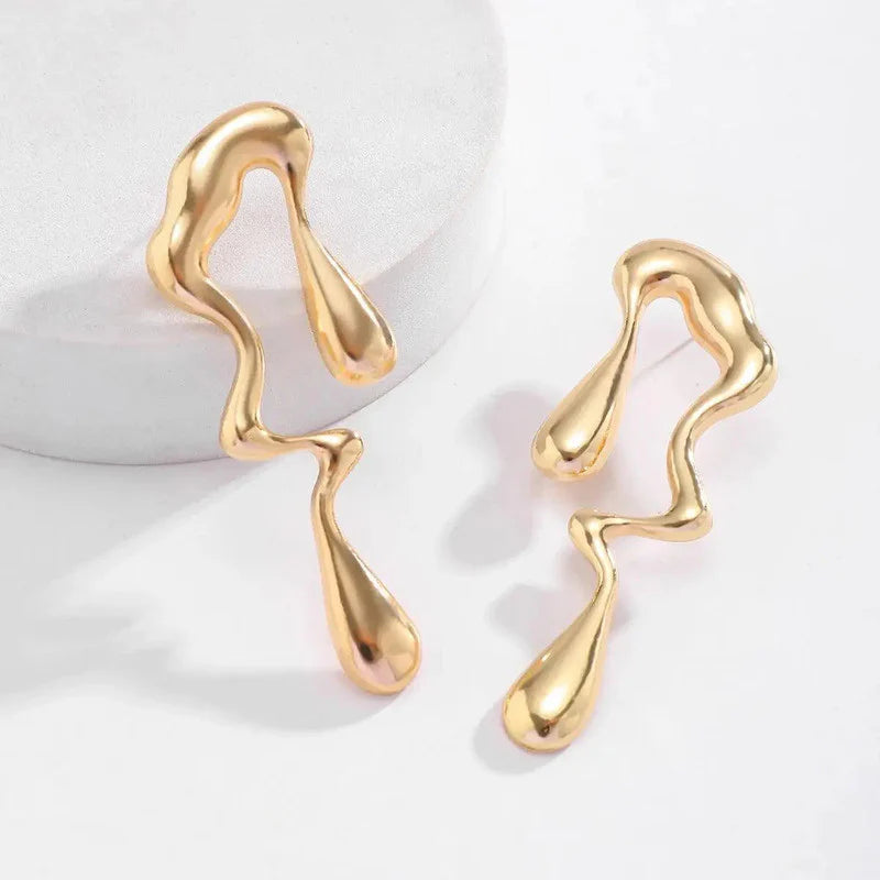 Gold Abstract Melted Drop Earrings | Artistic Statement Design, Stainless Steel, Anti-Tarnish, Waterproof & Hypoallergenic