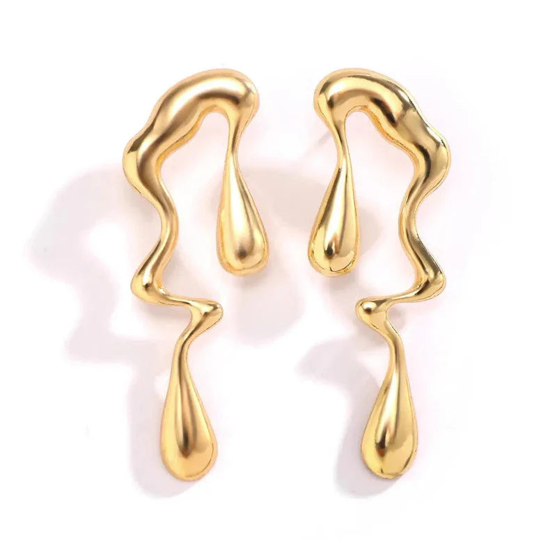 Gold Abstract Melted Drop Earrings | Artistic Statement Design, Stainless Steel, Anti-Tarnish, Waterproof & Hypoallergenic