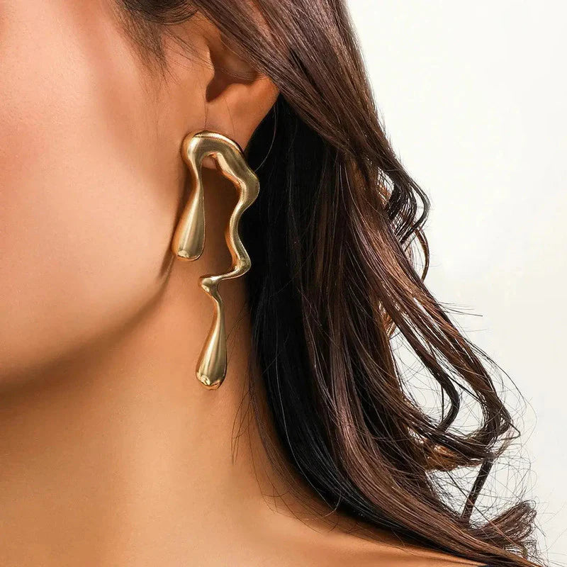 Gold Abstract Melted Drop Earrings | Artistic Statement Design, Stainless Steel, Anti-Tarnish, Waterproof & Hypoallergenic