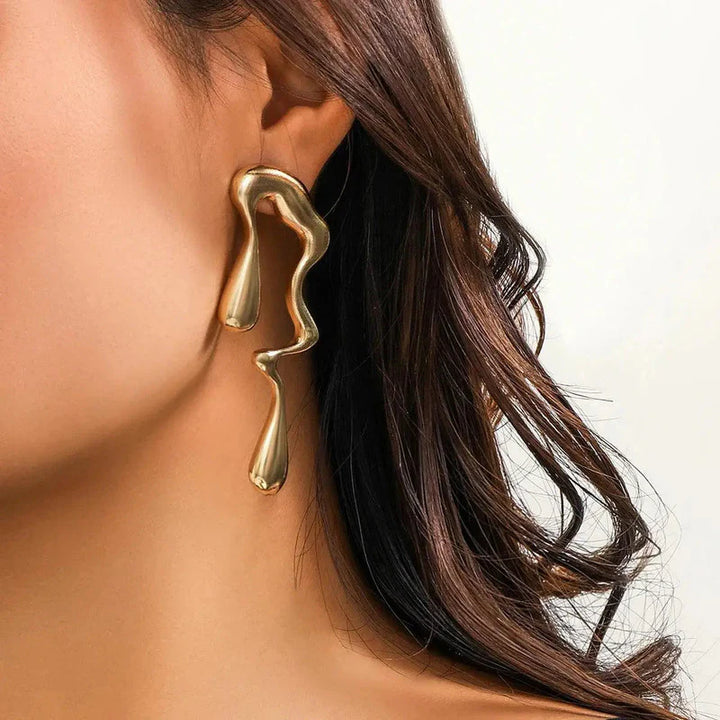 Gold Abstract Melted Drop Earrings | Artistic Statement Design, Stainless Steel, Anti-Tarnish, Waterproof & Hypoallergenic