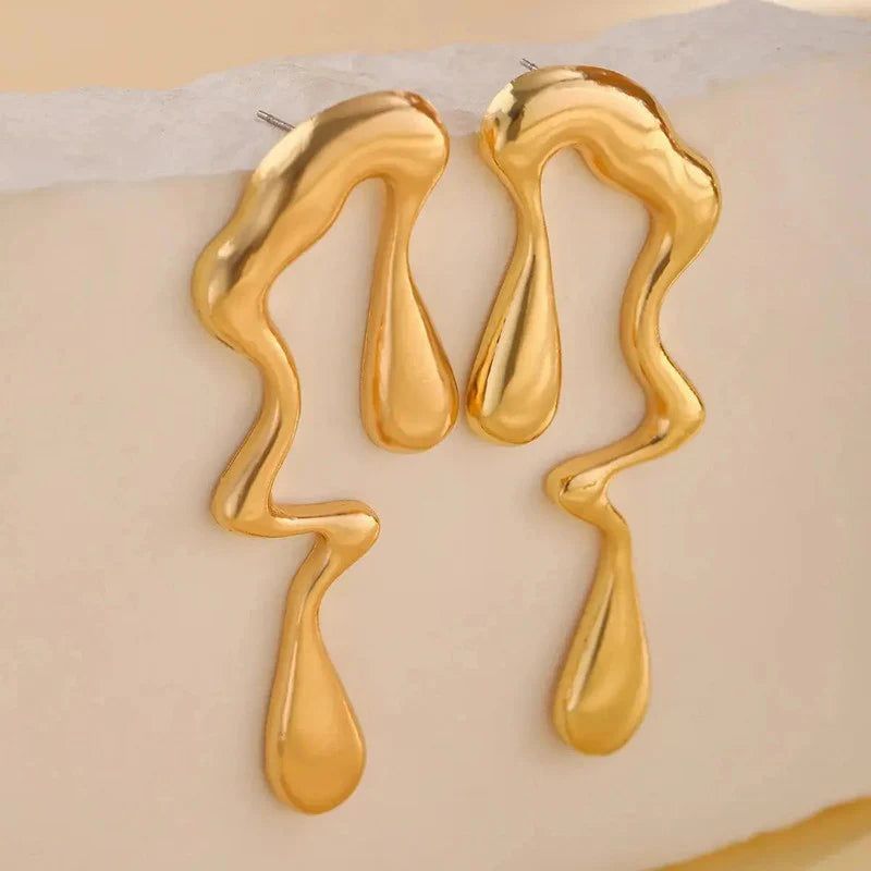 Gold Abstract Melted Drop Earrings | Artistic Statement Design, Stainless Steel, Anti-Tarnish, Waterproof & Hypoallergenic