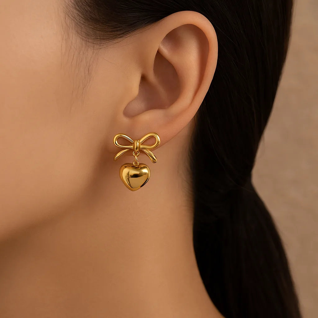 Gold-Plated Stainless Steel Anti Tarnish Bow Heart