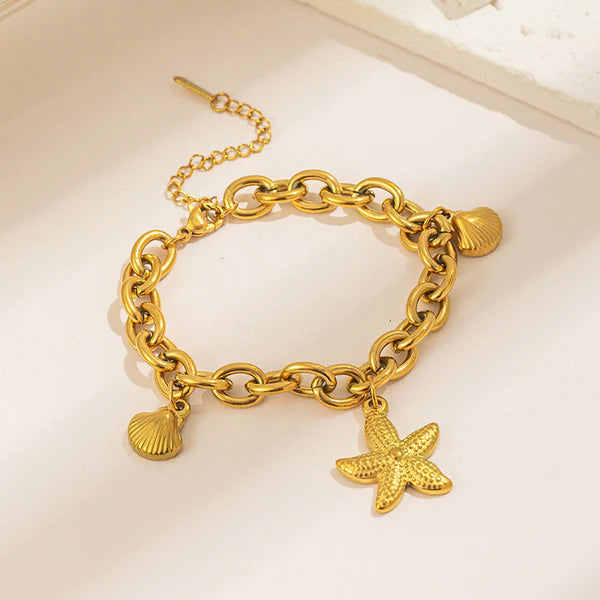 Gold-Plated Starfish & Seashell Charm Bracelet | Anti-Tarnish, Waterproof & Hypoallergenic