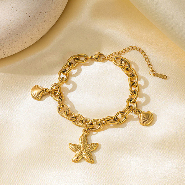 Gold-Plated Starfish & Seashell Charm Bracelet | Anti-Tarnish, Waterproof & Hypoallergenic