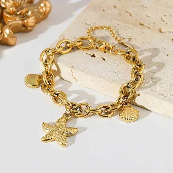 Gold-Plated Starfish & Seashell Charm Bracelet | Anti-Tarnish, Waterproof & Hypoallergenic