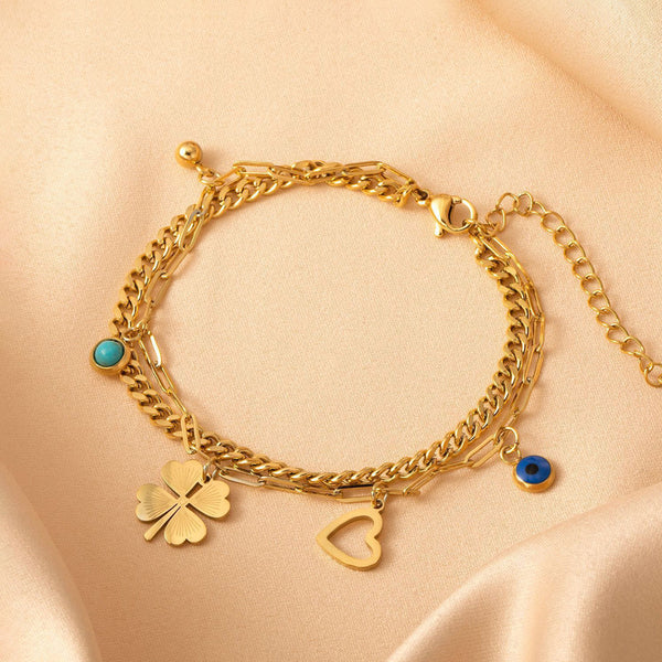 Gold-Plated Clover & Evil Eye Wraparound Bracelet | Stainless Steel, Anti-Tarnish, Waterproof & Hypoallergenic