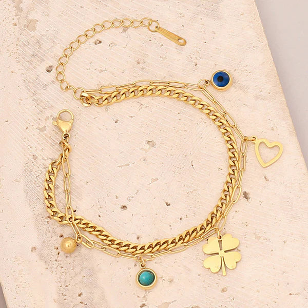 Gold-Plated Clover & Evil Eye Wraparound Bracelet | Stainless Steel, Anti-Tarnish, Waterproof & Hypoallergenic
