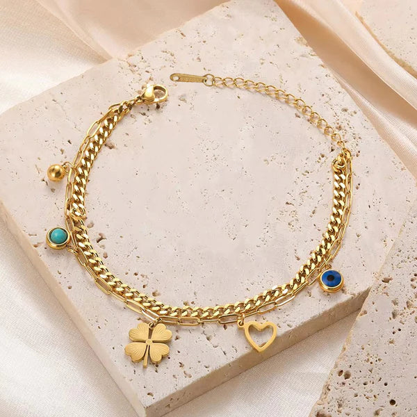 Gold-Plated Clover & Evil Eye Wraparound Bracelet | Stainless Steel, Anti-Tarnish, Waterproof & Hypoallergenic
