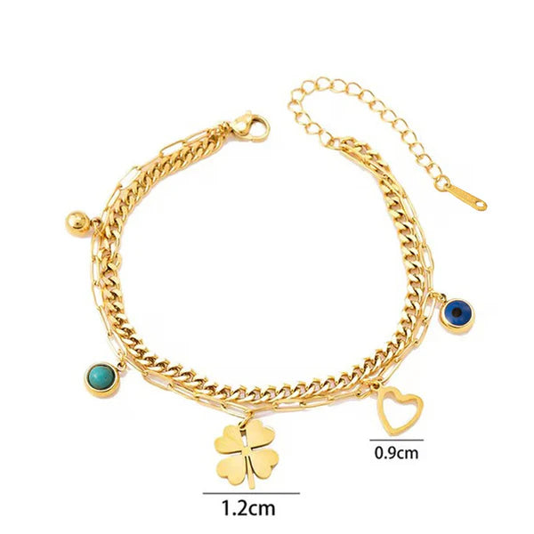 Gold-Plated Clover & Evil Eye Wraparound Bracelet | Stainless Steel, Anti-Tarnish, Waterproof & Hypoallergenic