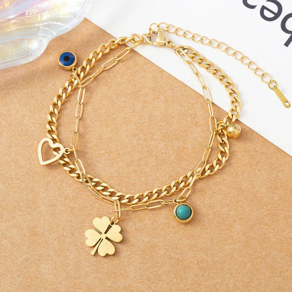 Gold-Plated Clover & Evil Eye Wraparound Bracelet | Stainless Steel, Anti-Tarnish, Waterproof & Hypoallergenic