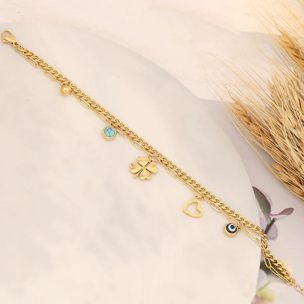 Gold-Plated Clover & Evil Eye Wraparound Bracelet | Stainless Steel, Anti-Tarnish, Waterproof & Hypoallergenic