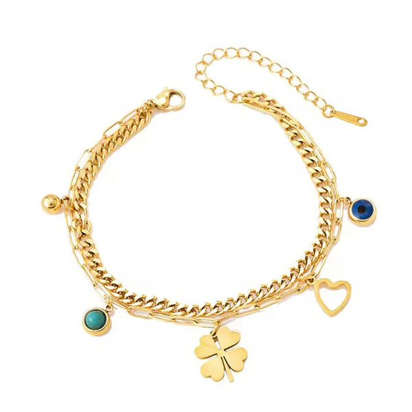 Gold-Plated Clover & Evil Eye Wraparound Bracelet | Stainless Steel, Anti-Tarnish, Waterproof & Hypoallergenic