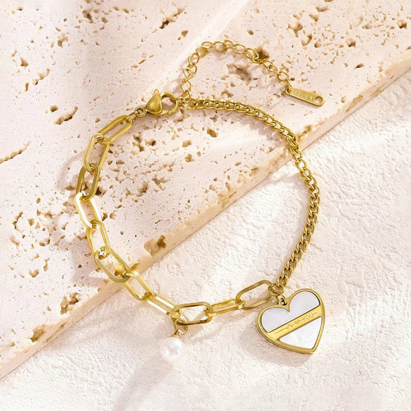 Gold-Plated Heart & Pearl Charm Bracelet | Anti-Tarnish, Waterproof & Hypoallergenic