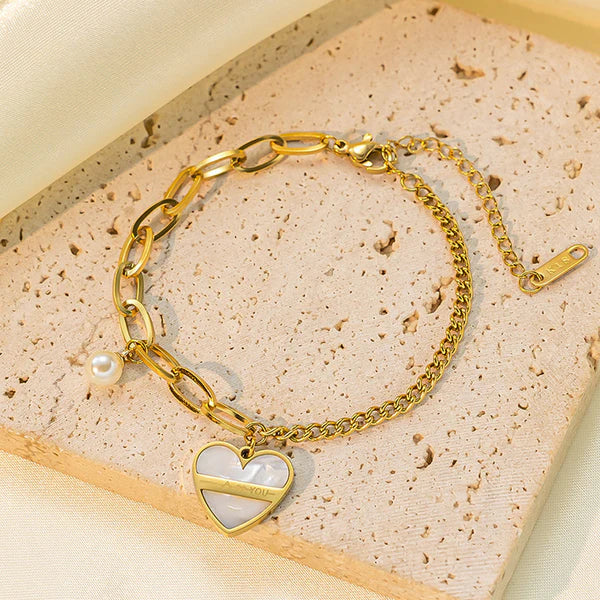 Gold-Plated Heart & Pearl Charm Bracelet | Anti-Tarnish, Waterproof & Hypoallergenic