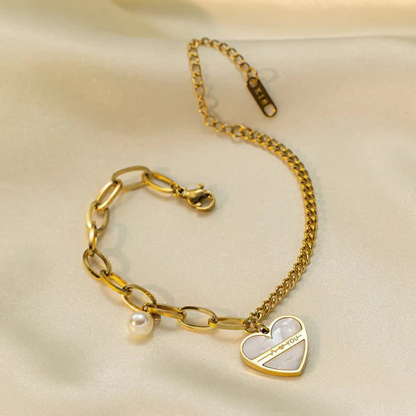 Gold-Plated Heart & Pearl Charm Bracelet | Anti-Tarnish, Waterproof & Hypoallergenic