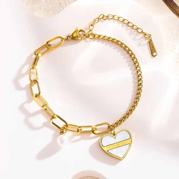 Gold-Plated Heart & Pearl Charm Bracelet | Anti-Tarnish, Waterproof & Hypoallergenic