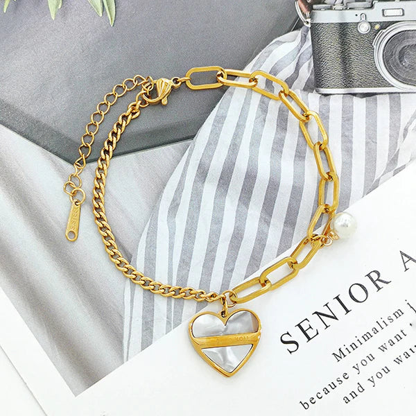 Gold-Plated Heart & Pearl Charm Bracelet | Anti-Tarnish, Waterproof & Hypoallergenic