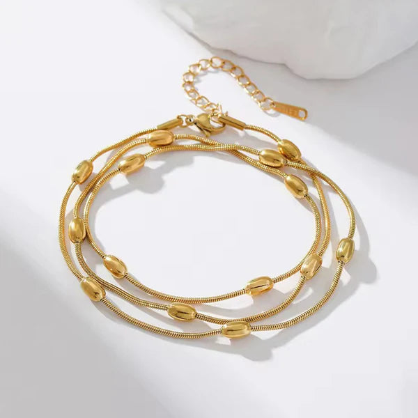 Gold-Plated Triple-Strand Wraparound Necklace-Bracelet | Stainless Steel, Anti-Tarnish, Waterproof & Hypoallergenic