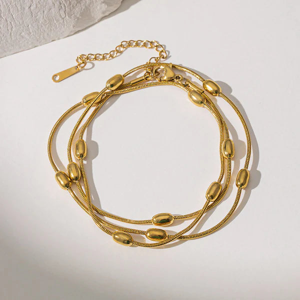 Gold-Plated Triple-Strand Wraparound Necklace-Bracelet | Stainless Steel, Anti-Tarnish, Waterproof & Hypoallergenic