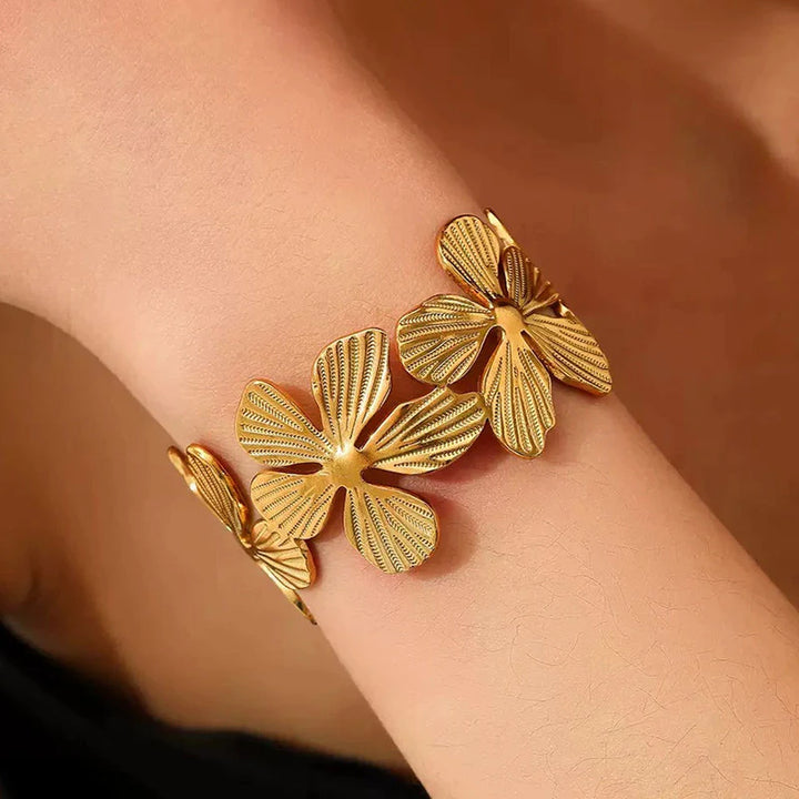 Gold Floral Cuff Bracelet | Statement Flower Design, Anti-Tarnish & Adjustable