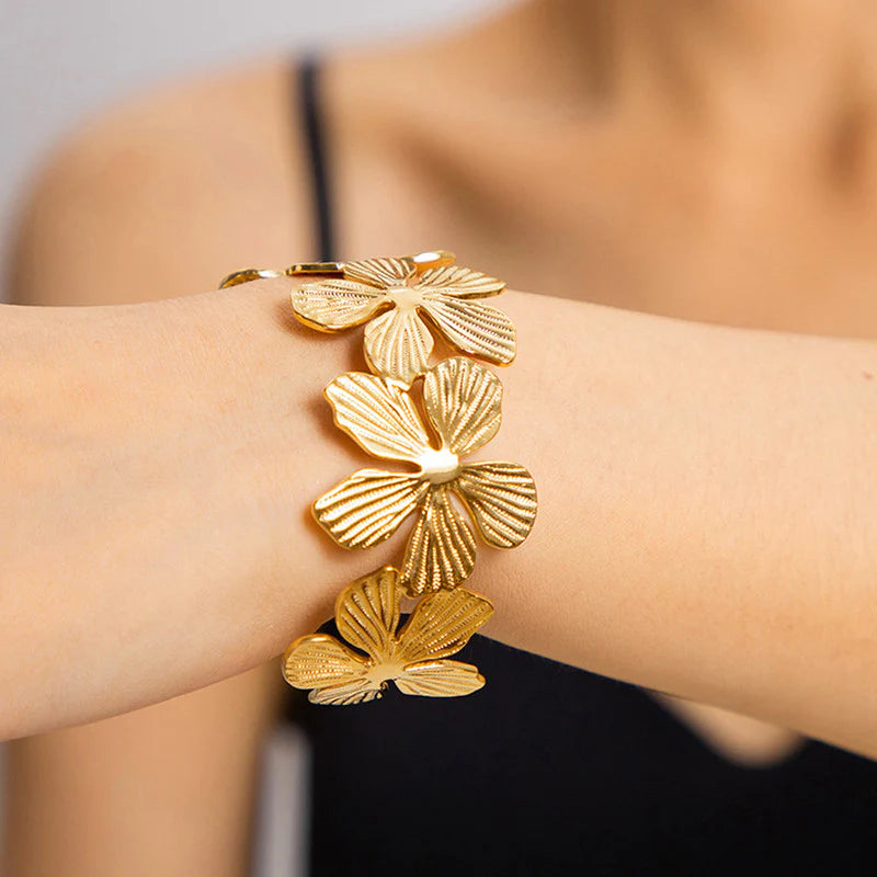 Gold Floral Cuff Bracelet | Statement Flower Design, Anti-Tarnish & Adjustable