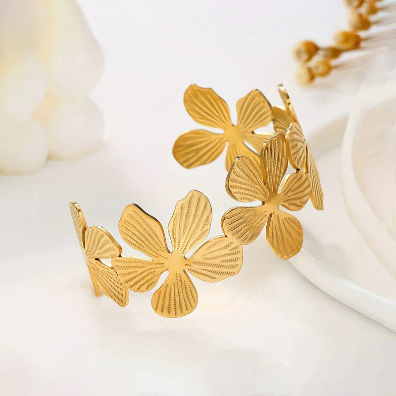 Gold Floral Cuff Bracelet | Statement Flower Design, Anti-Tarnish & Adjustable