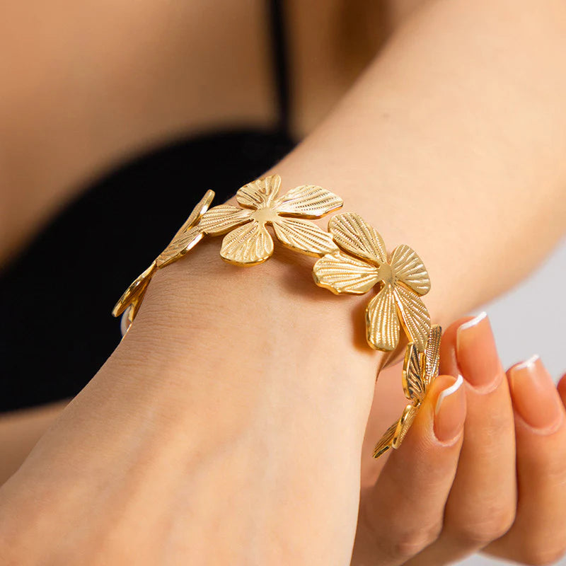 Gold Floral Cuff Bracelet | Statement Flower Design, Anti-Tarnish & Adjustable