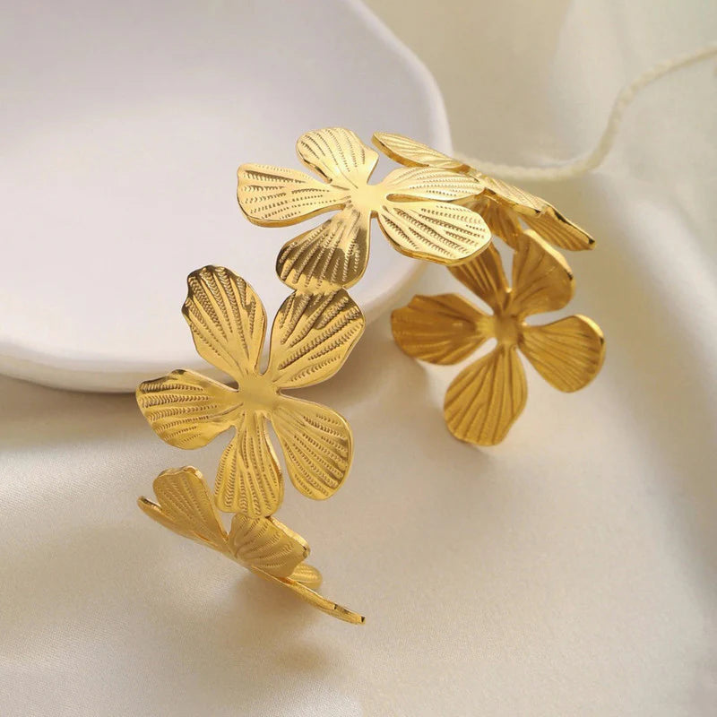 Gold Floral Cuff Bracelet | Statement Flower Design, Anti-Tarnish & Adjustable