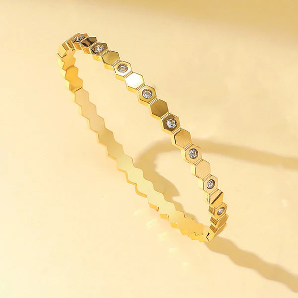 Gold-Plated Hexagonal AD Bangle Bracelet | Anti-Tarnish, Waterproof & Hypoallergenic
