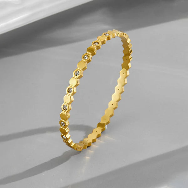 Gold-Plated Hexagonal AD Bangle Bracelet | Anti-Tarnish, Waterproof & Hypoallergenic