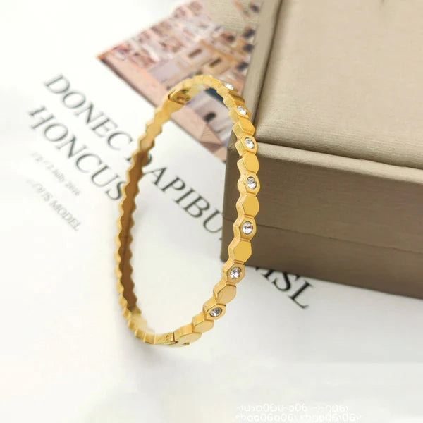 Gold-Plated Hexagonal AD Bangle Bracelet | Anti-Tarnish, Waterproof & Hypoallergenic