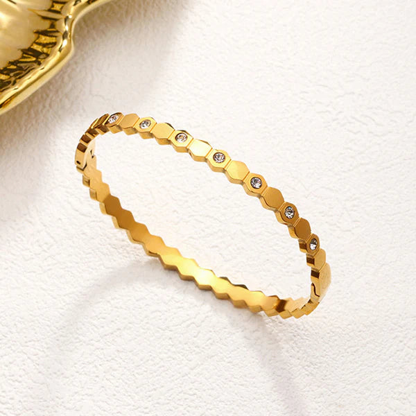 Gold-Plated Hexagonal AD Bangle Bracelet | Anti-Tarnish, Waterproof & Hypoallergenic