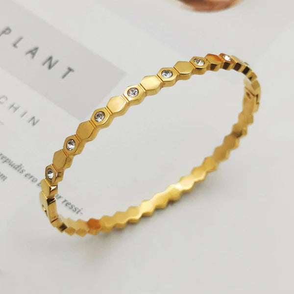 Gold-Plated Hexagonal AD Bangle Bracelet | Anti-Tarnish, Waterproof & Hypoallergenic