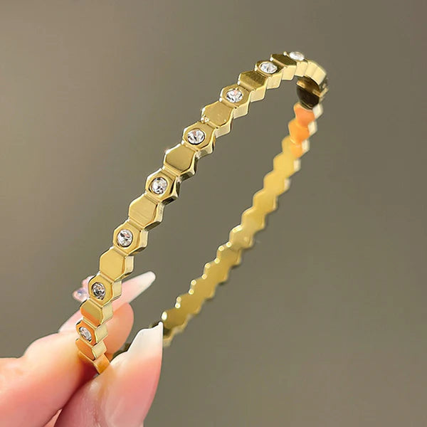 Gold-Plated Hexagonal AD Bangle Bracelet | Anti-Tarnish, Waterproof & Hypoallergenic