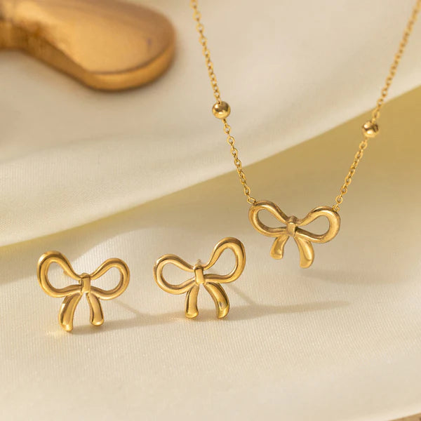Gold-Plated Bow Jewellery Set | Elegant Necklace & Earrings, Anti-Tarnish & Hypoallergenic
