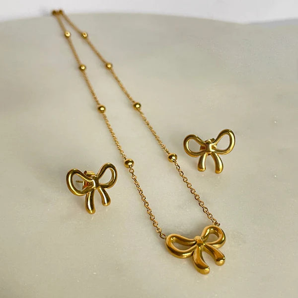 Gold-Plated Bow Jewellery Set | Elegant Necklace & Earrings, Anti-Tarnish & Hypoallergenic