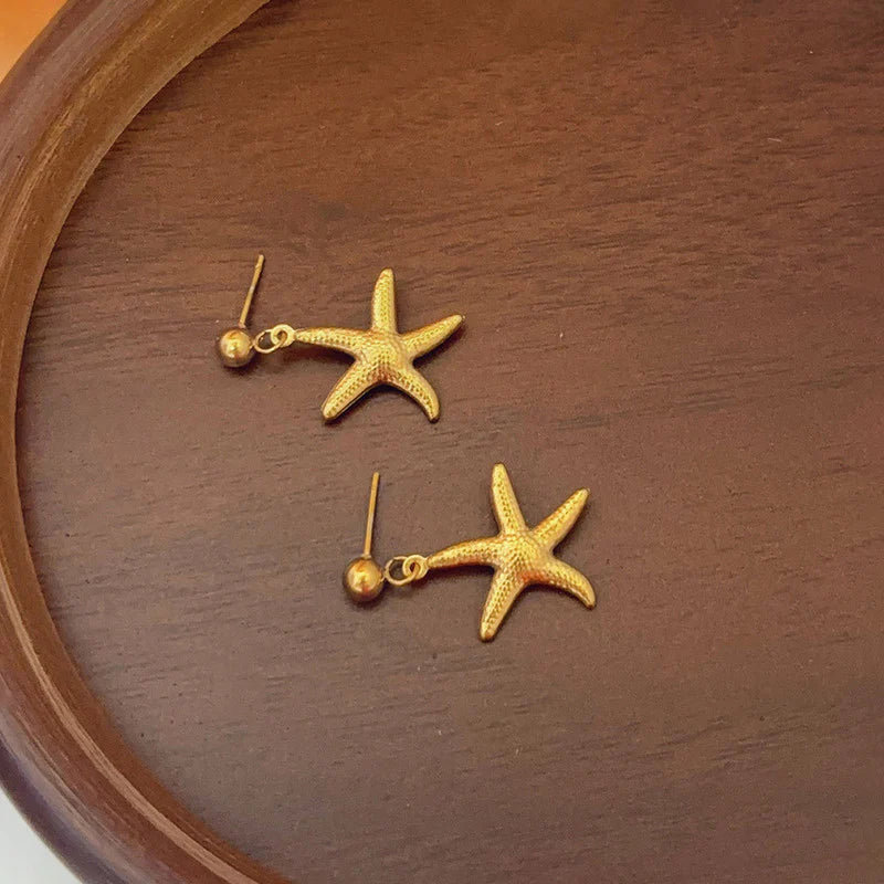 Gold Starfish Drop Earrings | Textured Design, Stainless Steel, Anti-Tarnish, Waterproof & Hypoallergenic