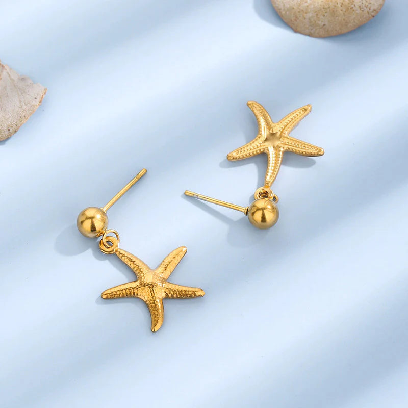 Gold Starfish Drop Earrings | Textured Design, Stainless Steel, Anti-Tarnish, Waterproof & Hypoallergenic