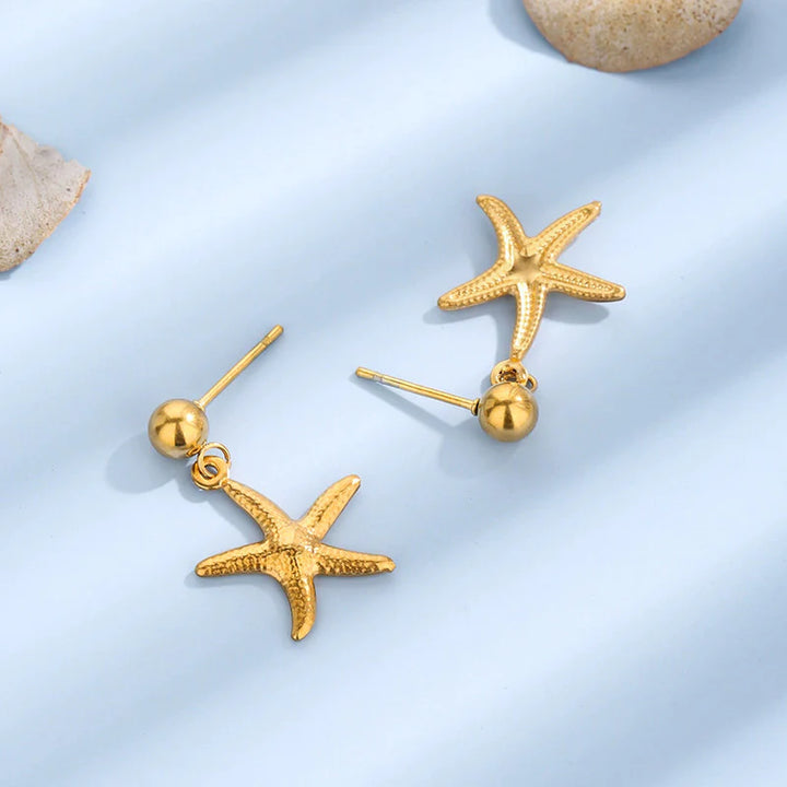 Gold Starfish Drop Earrings | Textured Design, Stainless Steel, Anti-Tarnish, Waterproof & Hypoallergenic