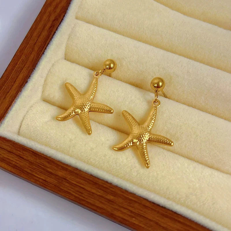 Gold Starfish Drop Earrings | Textured Design, Stainless Steel, Anti-Tarnish, Waterproof & Hypoallergenic