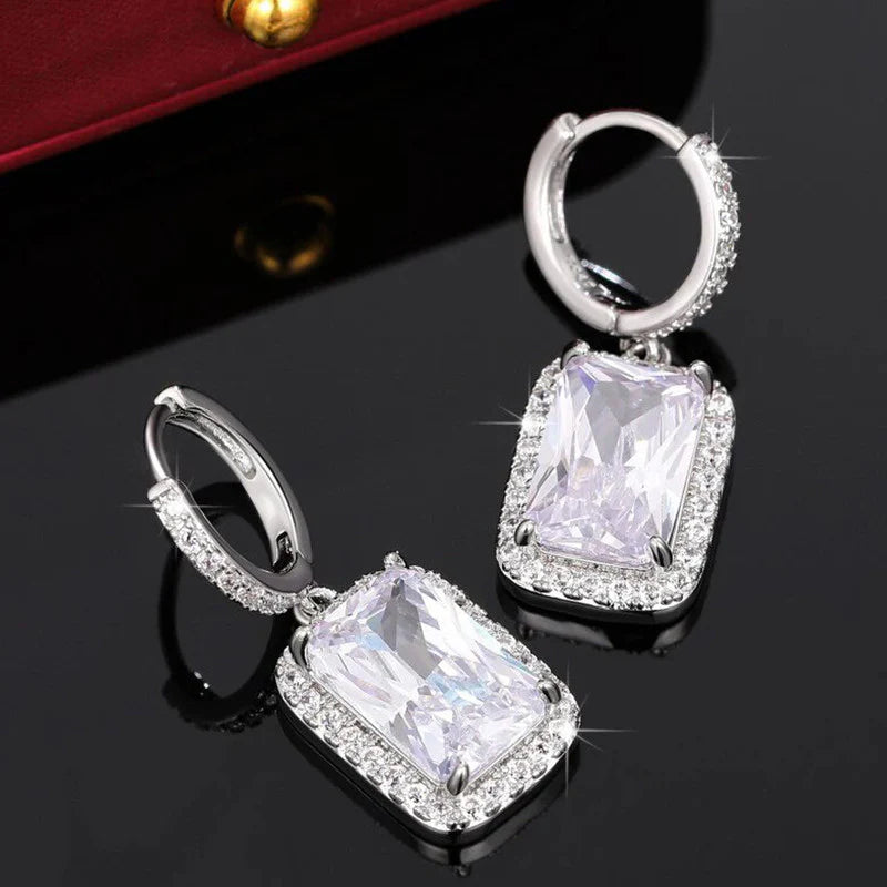 Silver Rectangle Crystal Drop Huggie Earrings
