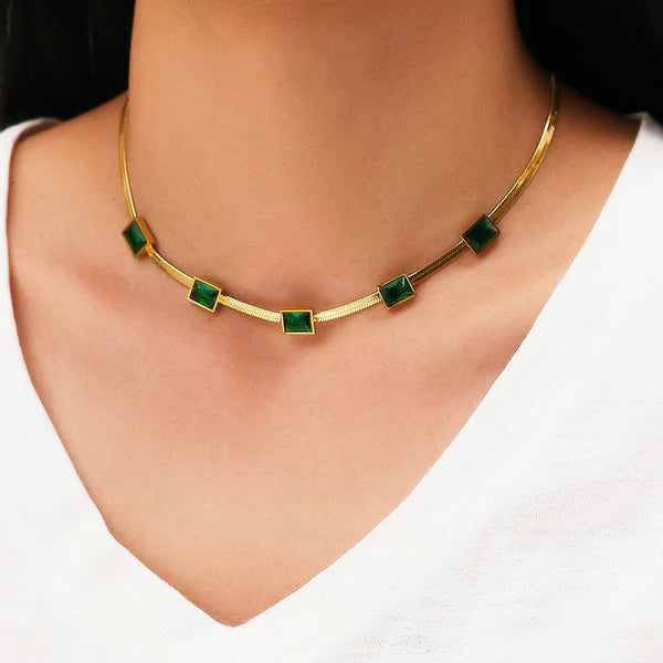 Gold-Plated Snake Chain Necklace with Green Emerald Stone | Stainless Steel, Anti-Tarnish, Waterproof & Hypoallergenic
