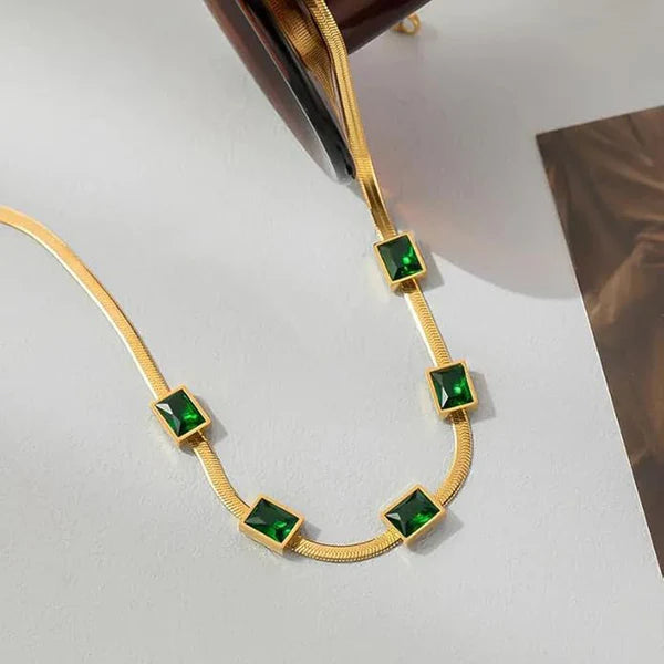 Gold-Plated Snake Chain Necklace with Green Emerald Stone | Stainless Steel, Anti-Tarnish, Waterproof & Hypoallergenic